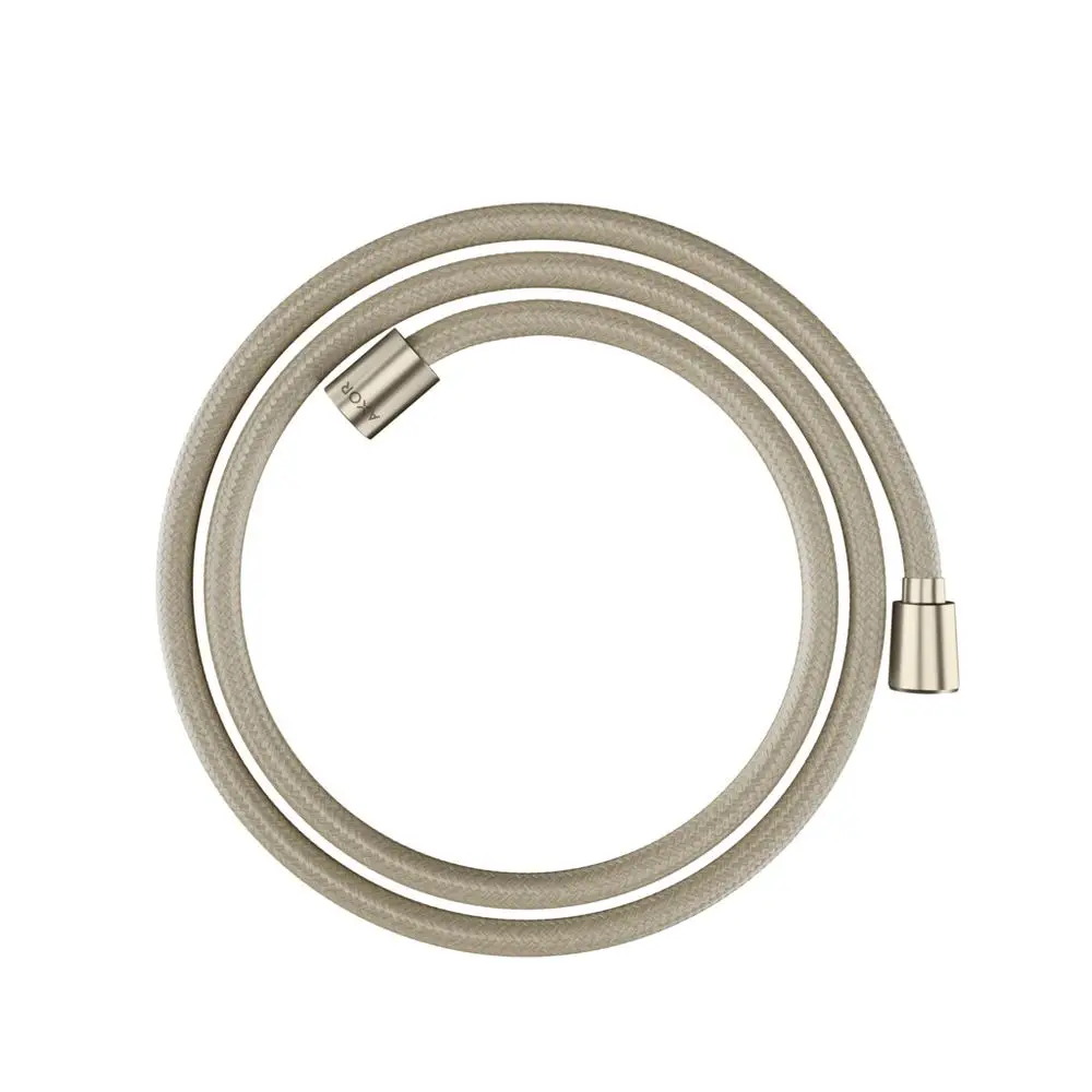 Textilbrauseschlauch mit konischer und zylindrischer Mutter in gebürstetem Nickel-Finish, präsentiert von der Marke AXOR, in einem geschlungenen Design.
